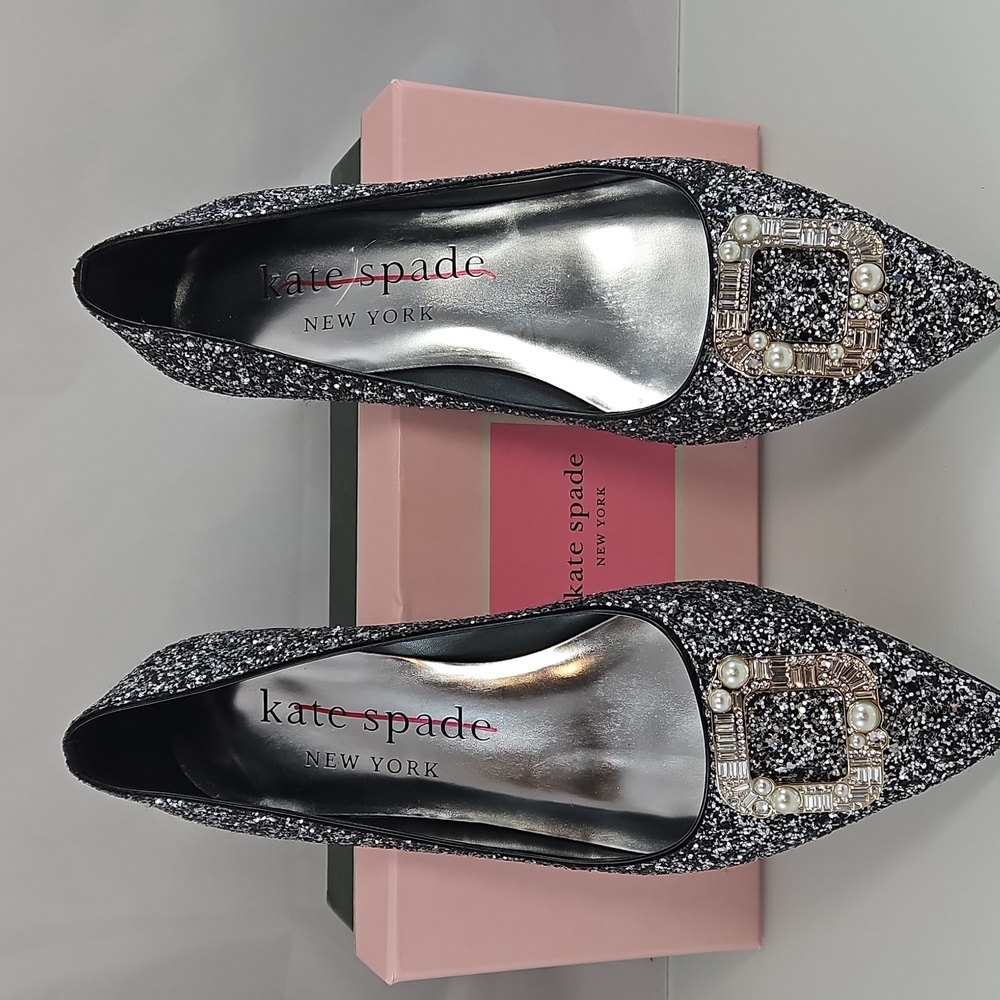 Kate Spade Silver Buckle Up Glitter Flats Size 38.5 - Picture 14 of 16